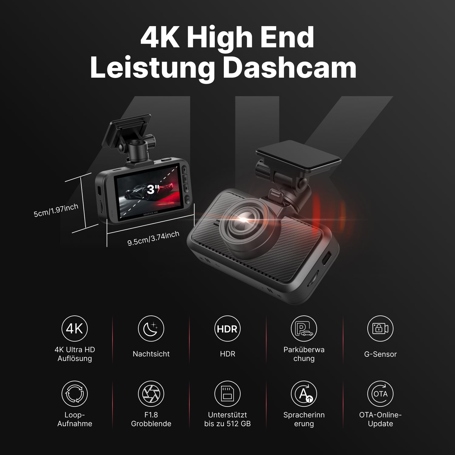 MIOFIVE S1 Dashcam 3 Zoll, 4K UHD 30fps, GPS, 5GHz WLAN, Bluetooth, inkl. 32GB Speicherkarte(DE)