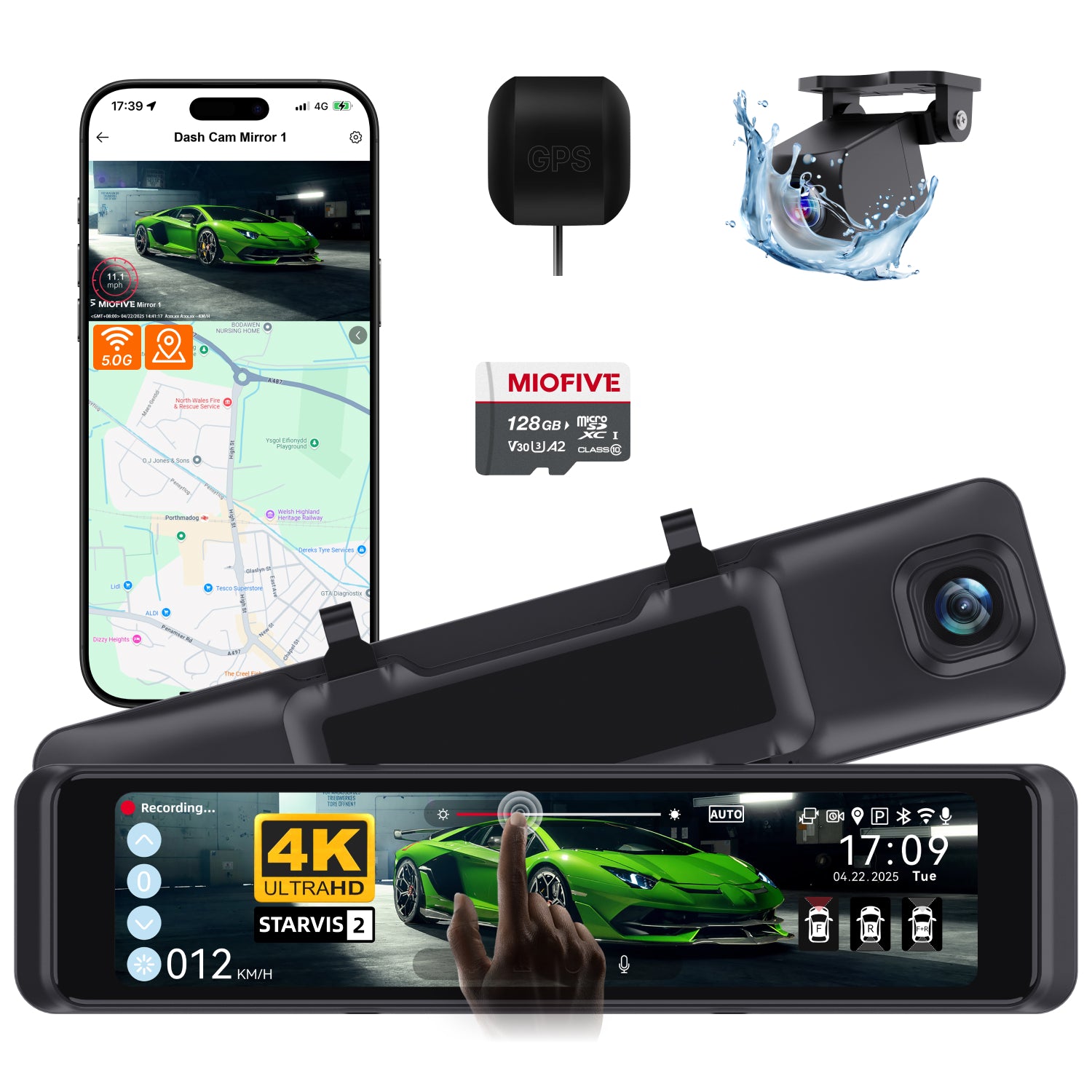 Miofive Mirror 1 Dash Cam,4K Front & 2K Rear Car Camera With Built-in 5G Wi-Fi & GPS, Free 128GB Card Included