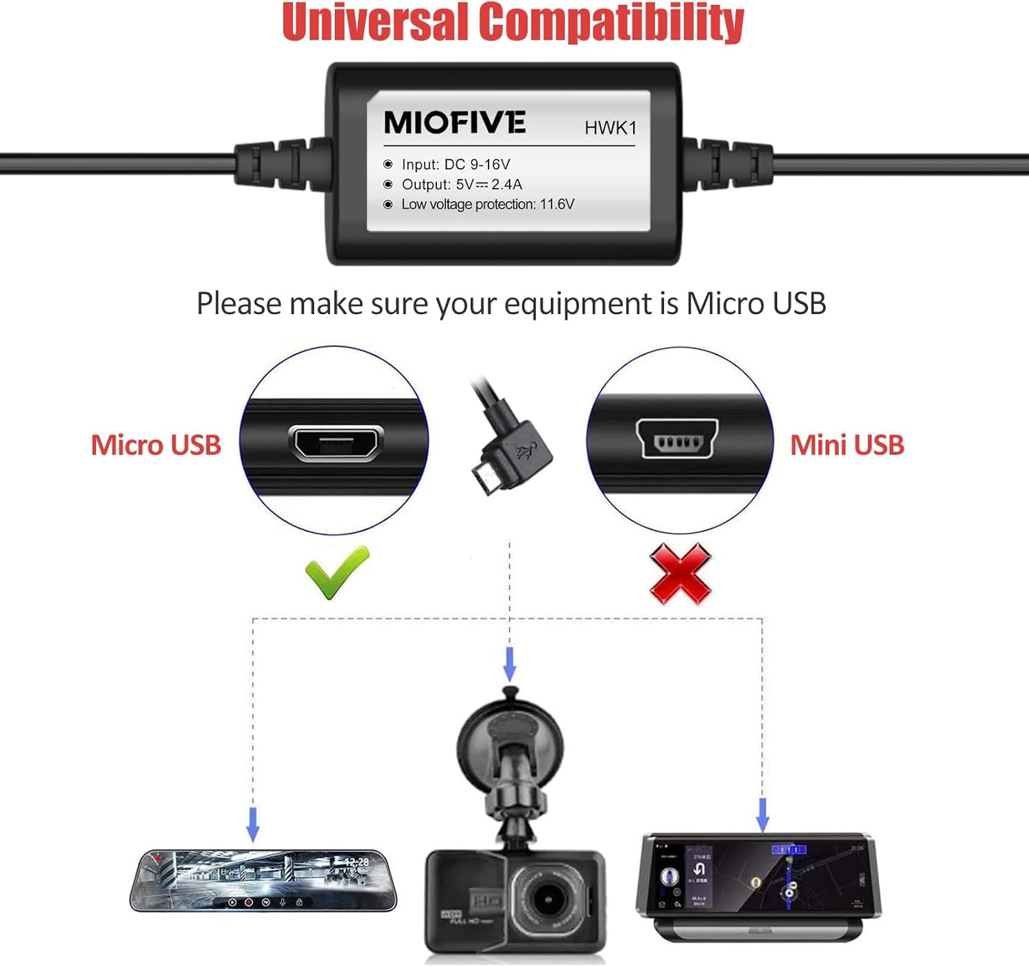 Miofive 11.5ft Micro USB Hardwire Kit for Miofive MF02 Dash Cam (HKW1)(UK)