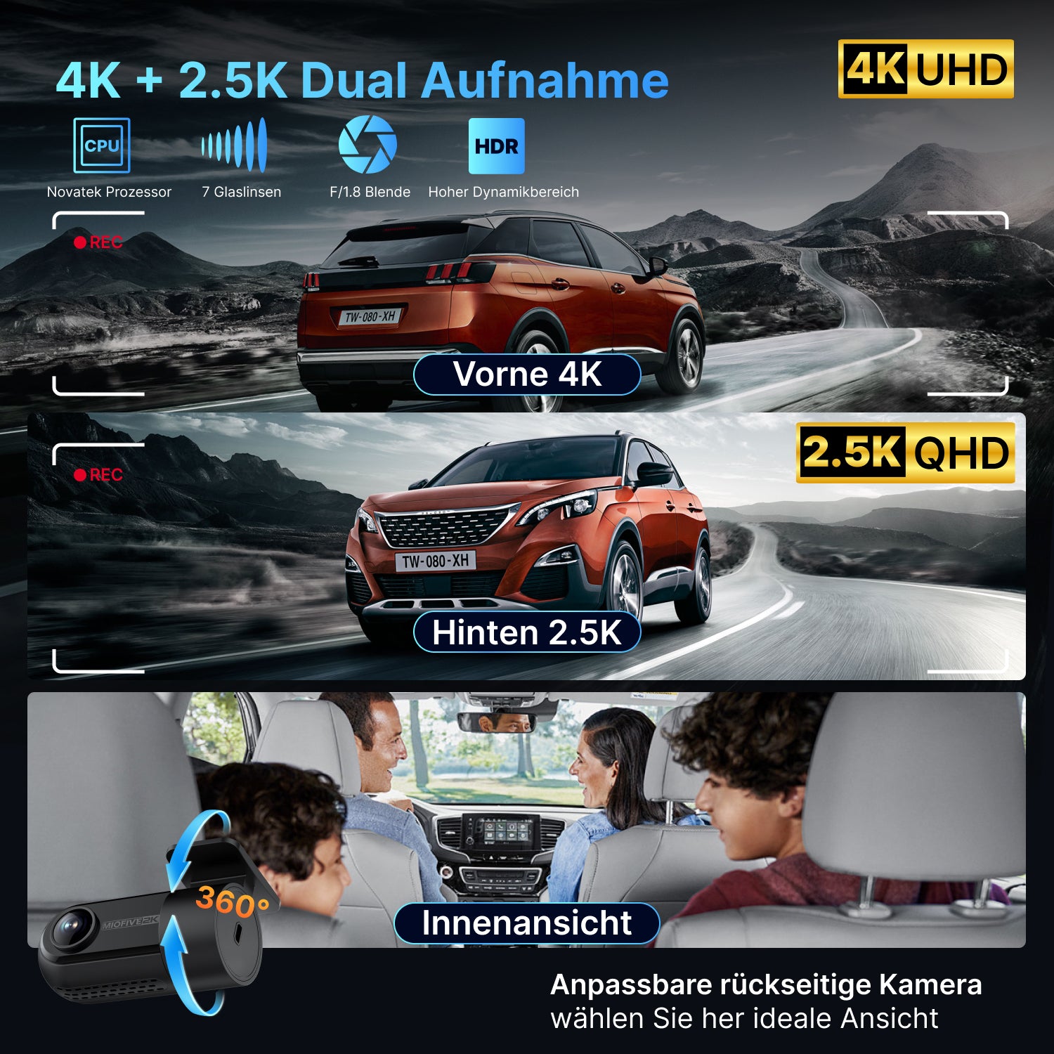 MIOFIVE S1 Pro Dashcam 3 Zoll, 4K 30fps + 2K Dual, integriertes 5GHz WLAN, Bluetooth, GPS, inkl. 32GB Speicherkarte