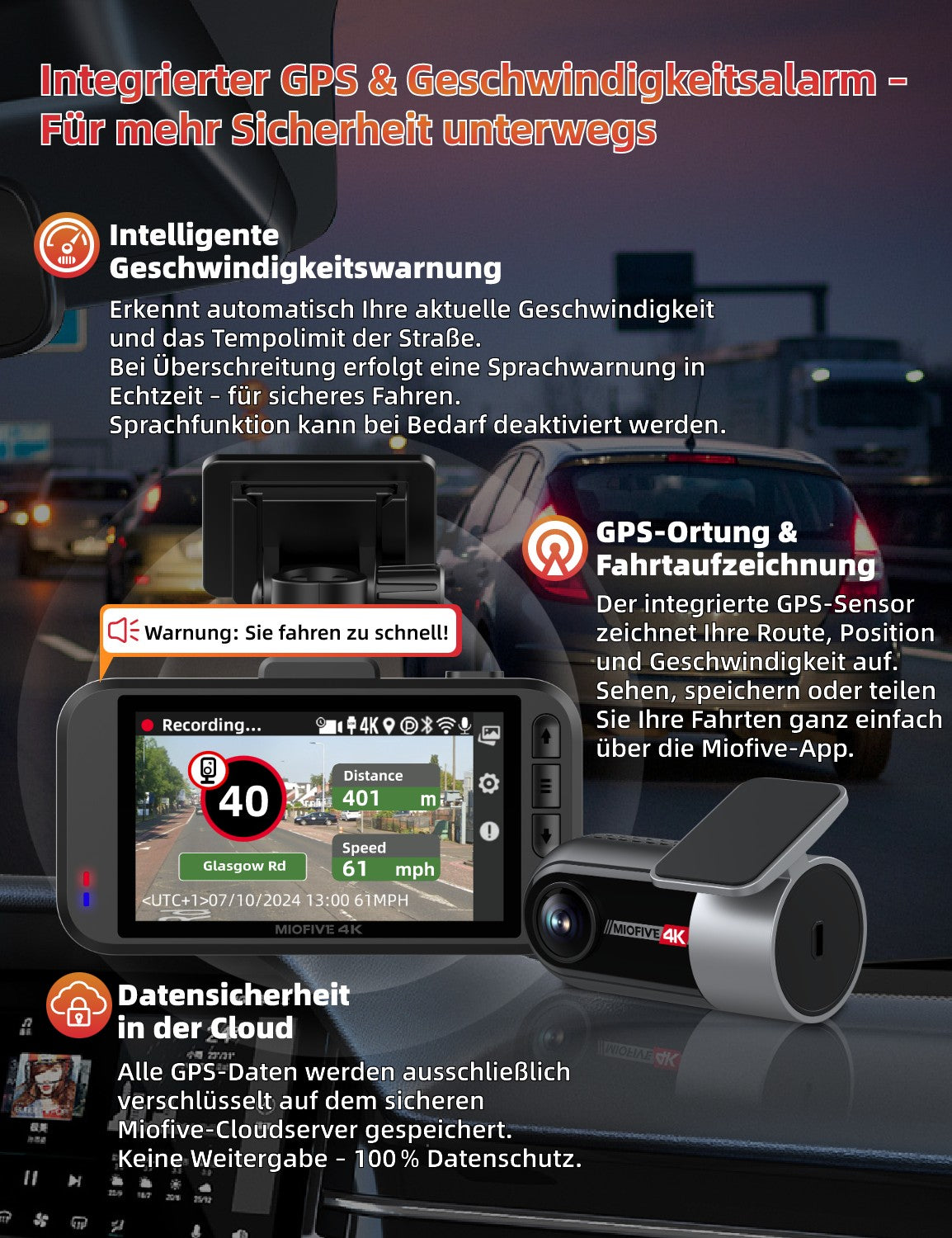 MIOFIVE S1 Ultra Dashcam 3 Zoll, 4K 30fps + 4K UHD Dual, integriertes 5GHz WLAN, Bluetooth, GPS, inkl. 64GB Speicherkarte