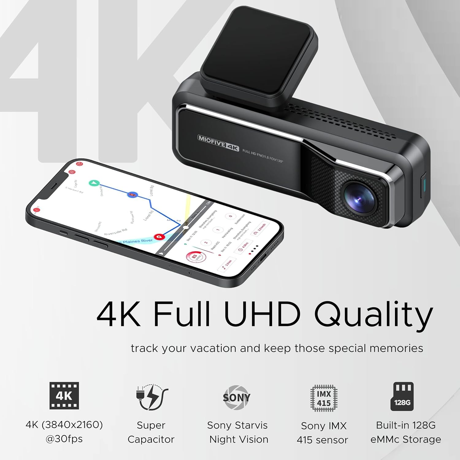Miofive 4K+2K Dual Dash Cam with 5G WiFi, GPS, Built-in 128GB eMMC Storage(UK)