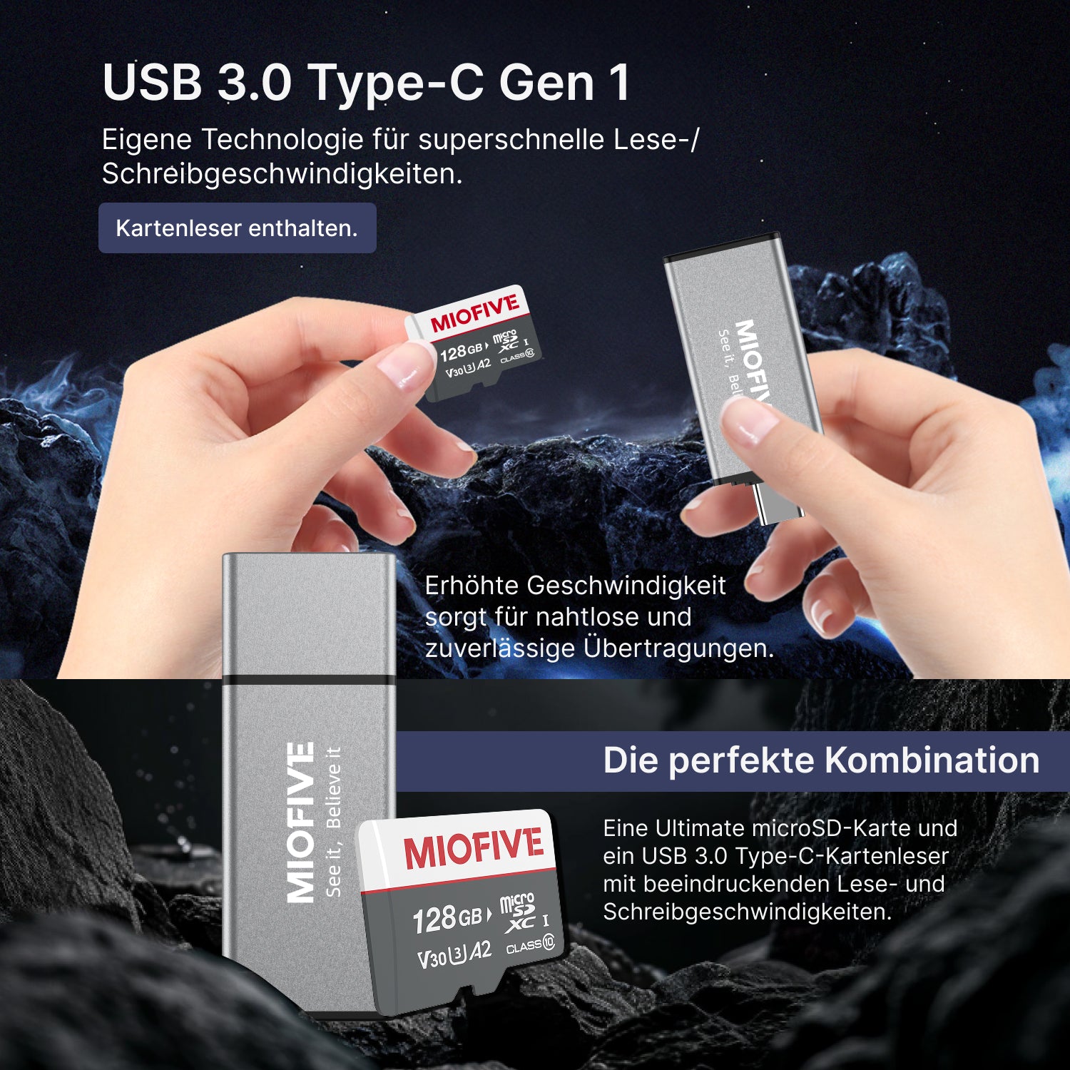 Miofive 128GB Speicherkarte - Ultimative Micro SD-Karte mit USB 3.0 Type-C Kartenleser, 170 MB/s, C10, U3, A2, V30 (DE)
