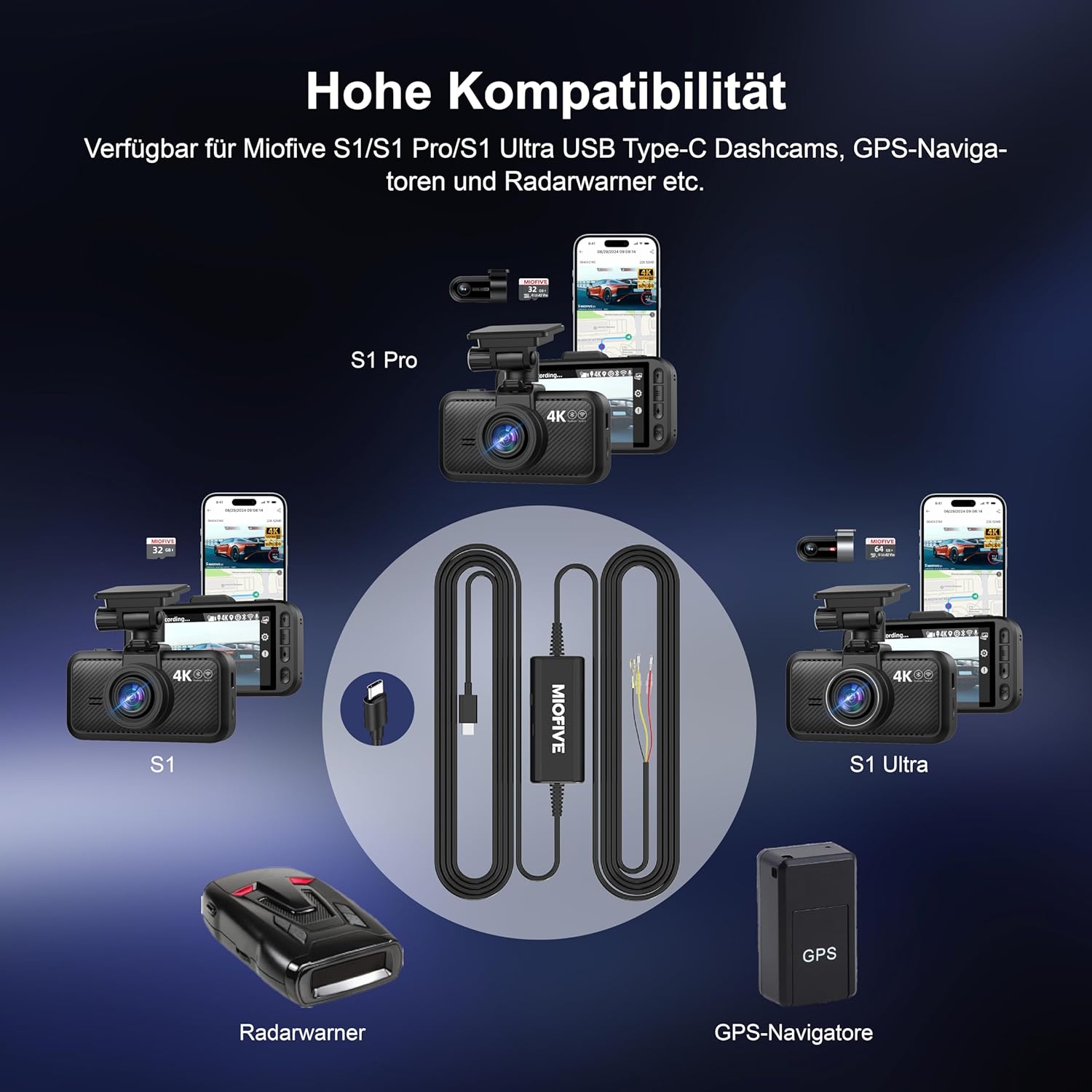 Miofive USB Type-C Hardwire Kit Nur für Miofive S1/S1 Pro/S1 Ultra Dashcams, 11,5 ft / 350 cm (DE)