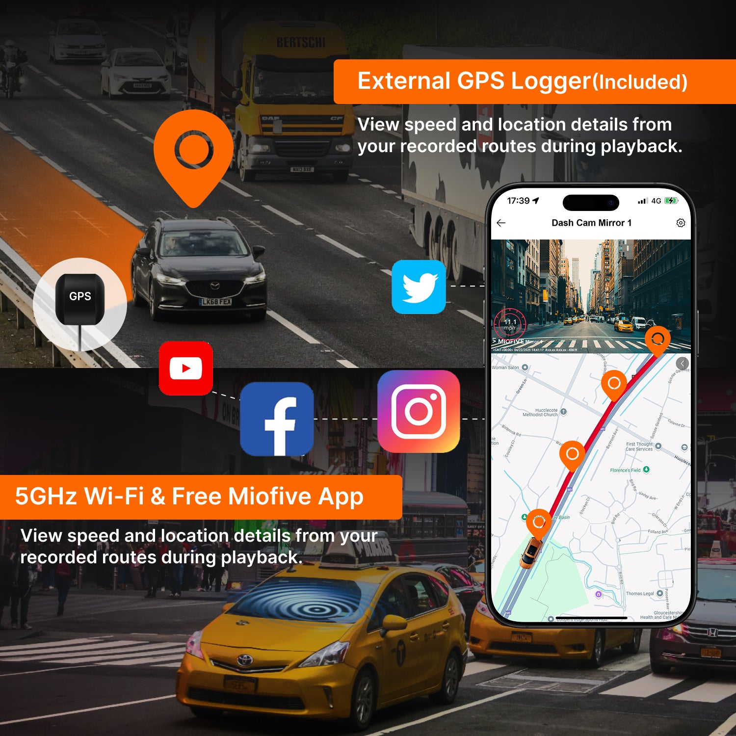 Miofive Mirror 1 Dash Cam,4K Front & 2K Rear Car Camera With Built-in 5G Wi-Fi & GPS, Free 128GB Card Included