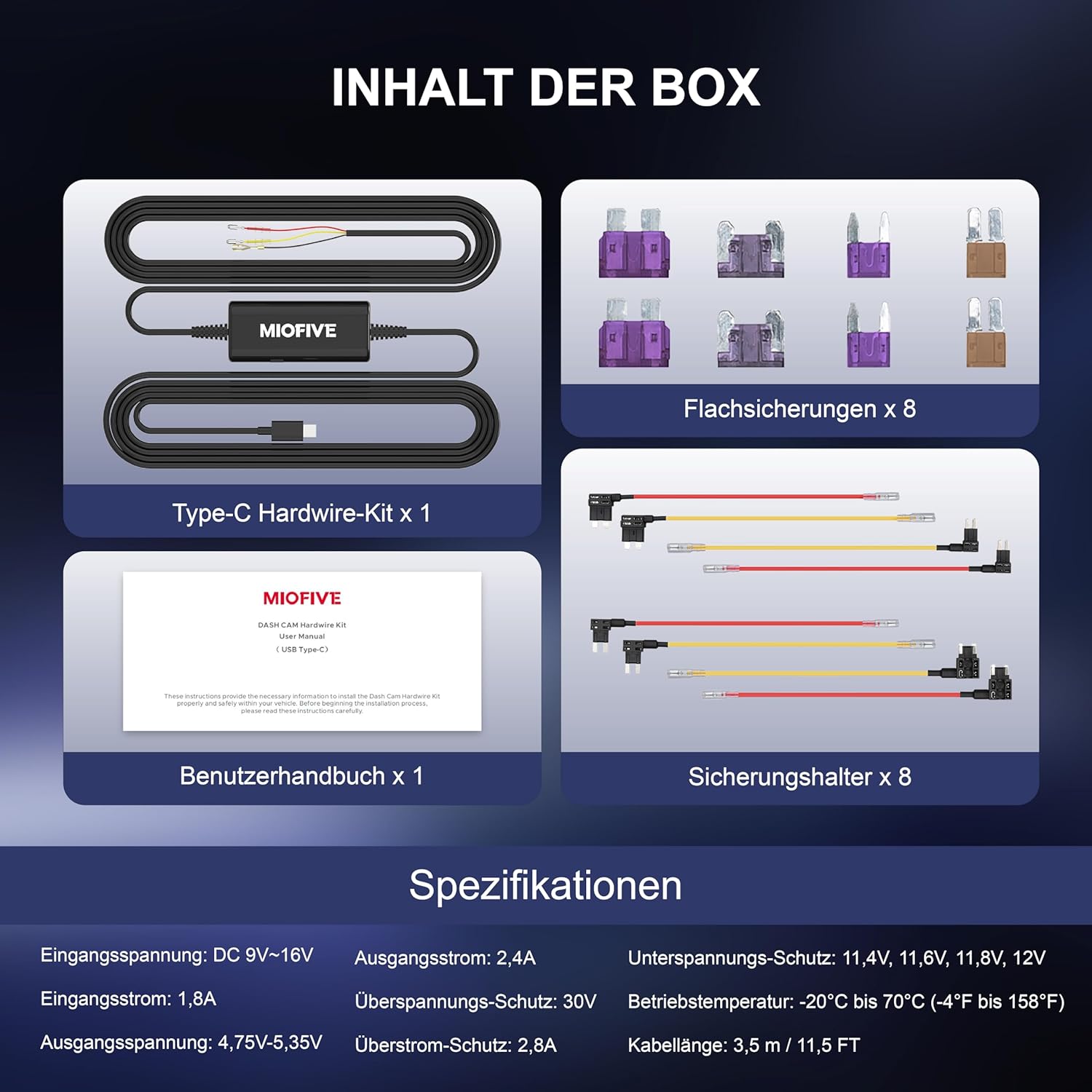 Miofive USB Type-C Hardwire Kit Nur für Miofive S1/S1 Pro/S1 Ultra Dashcams, 11,5 ft / 350 cm (DE)