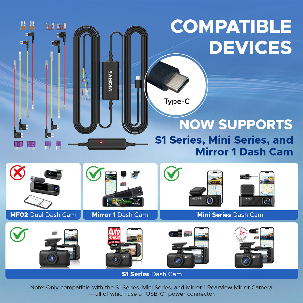 Miofive 11.5ft USB Type-C Hardwire Kit for S1 & Mini Series Dash Cams (HKW2)