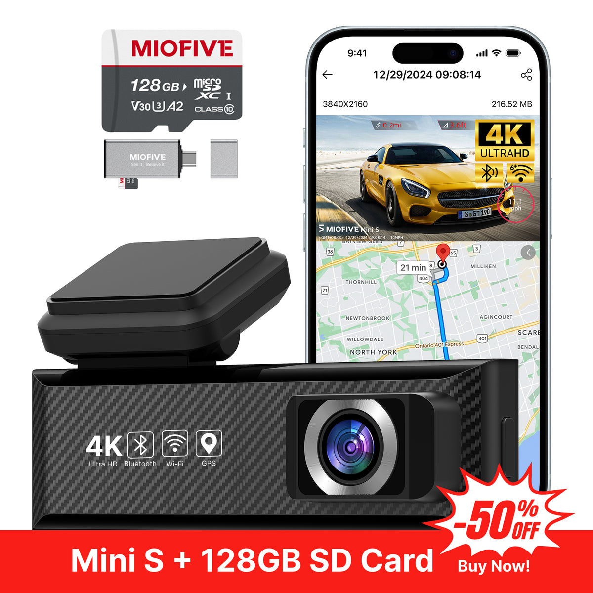 Miofive Mini S Dash Cam+128GB Memory Card Bundle