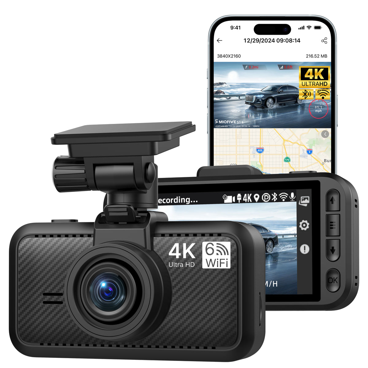 Miofive Dash Cam Front, S1 E Car Camera  with 4K/2160P UHD, Built-in WiFi & GPS Car Dashboard Camera Recorder