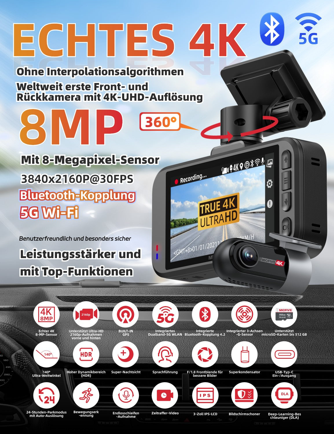MIOFIVE S1 Ultra Dashcam 3 Zoll, 4K 30fps + 4K UHD Dual, integriertes 5GHz WLAN, Bluetooth, GPS, inkl. 64GB Speicherkarte