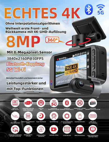 MIOFIVE S1 Ultra Dashcam 3 Zoll, 4K 30fps + 4K UHD Dual, integriertes 5GHz WLAN, Bluetooth, GPS, inkl. 64GB Speicherkarte