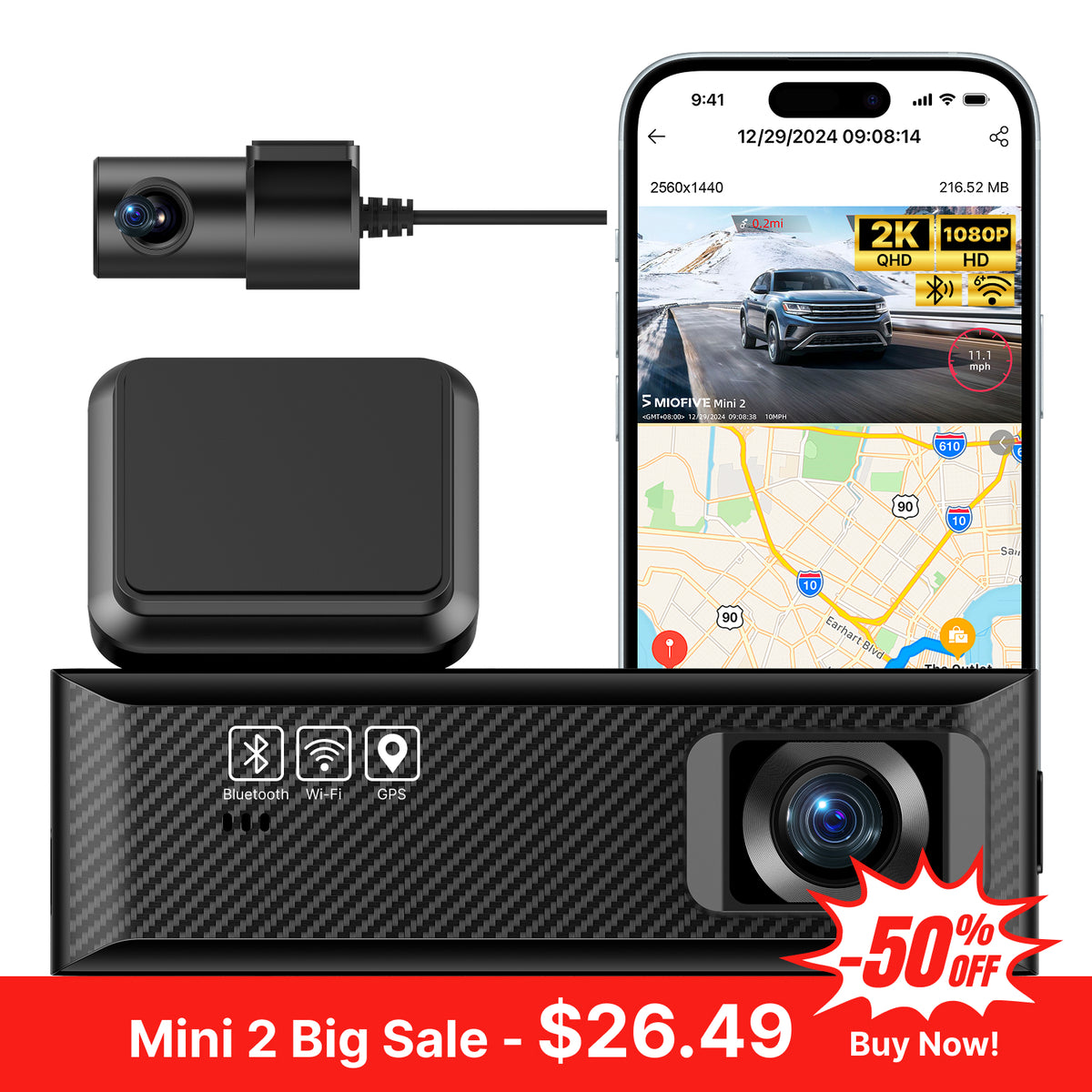 MIOFIVE Dash Cam Mini 2 2K+1080P FHD Dual  Dash Camera(SD Card Not Included)