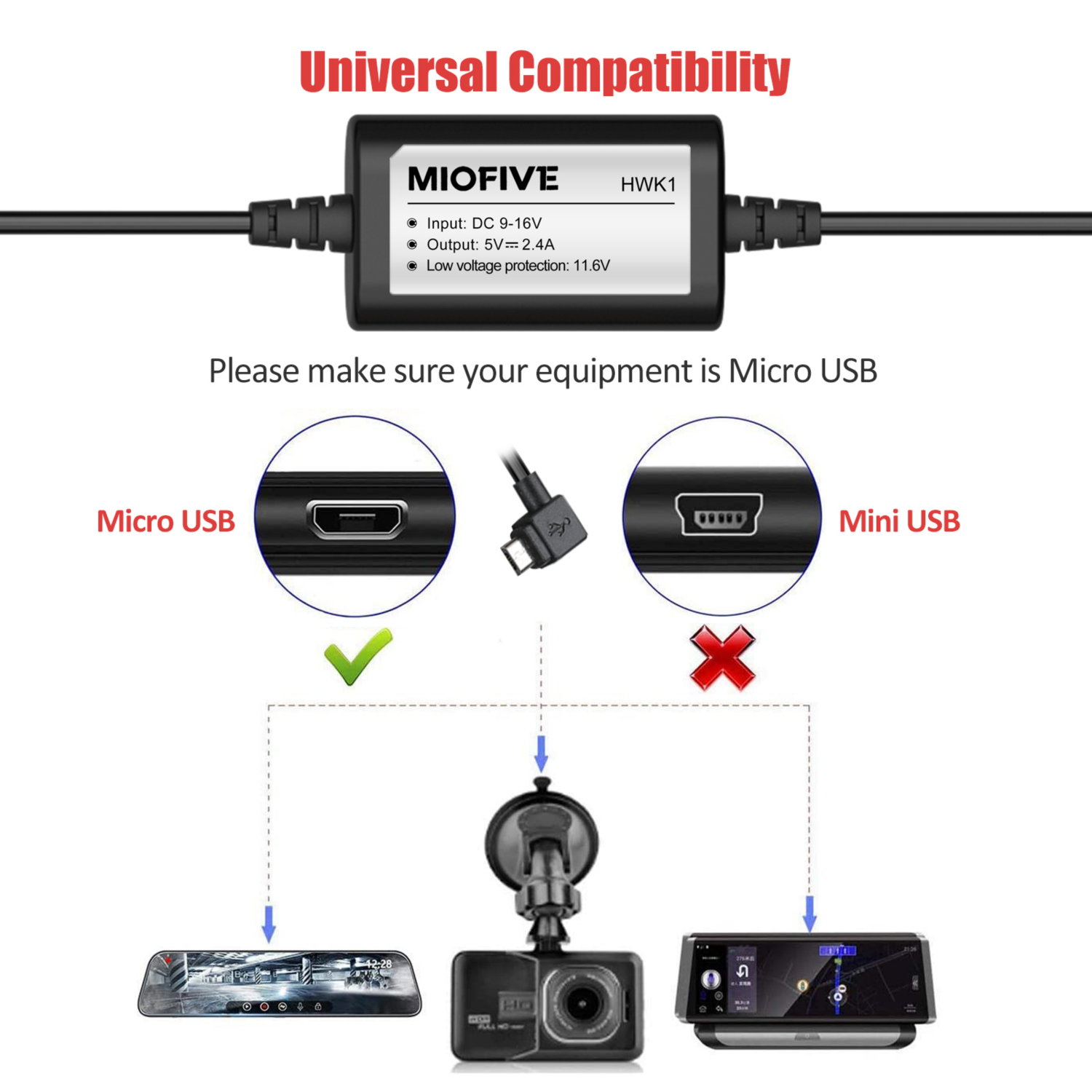 Miofive 11.5ft Micro USB Hardwire Kit for Miofive MF02 Dash Cam (HKW1)