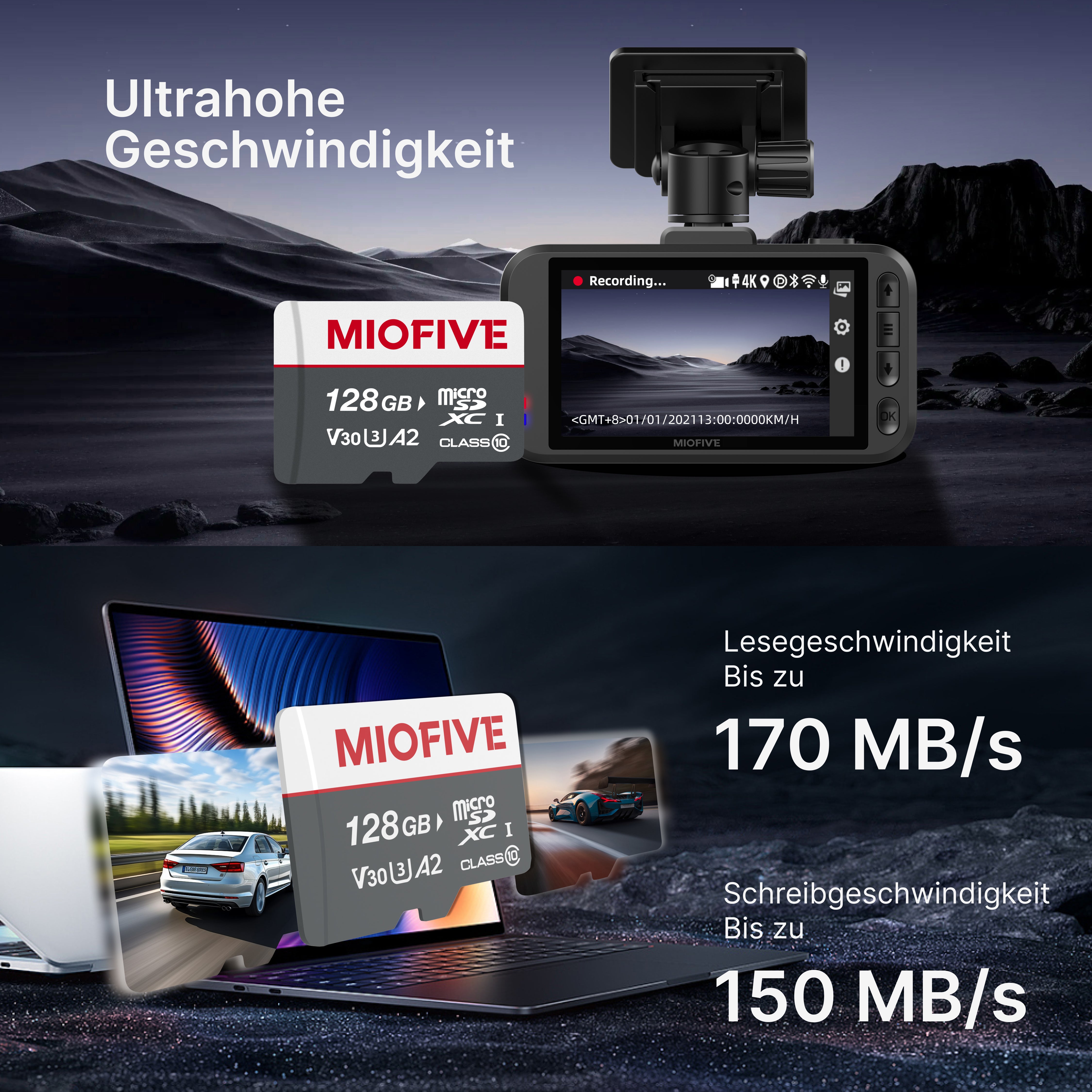 Miofive 128GB Speicherkarte - Ultimative Micro SD-Karte mit USB 3.0 Type-C Kartenleser, 170 MB/s, C10, U3, A2, V30 (DE)