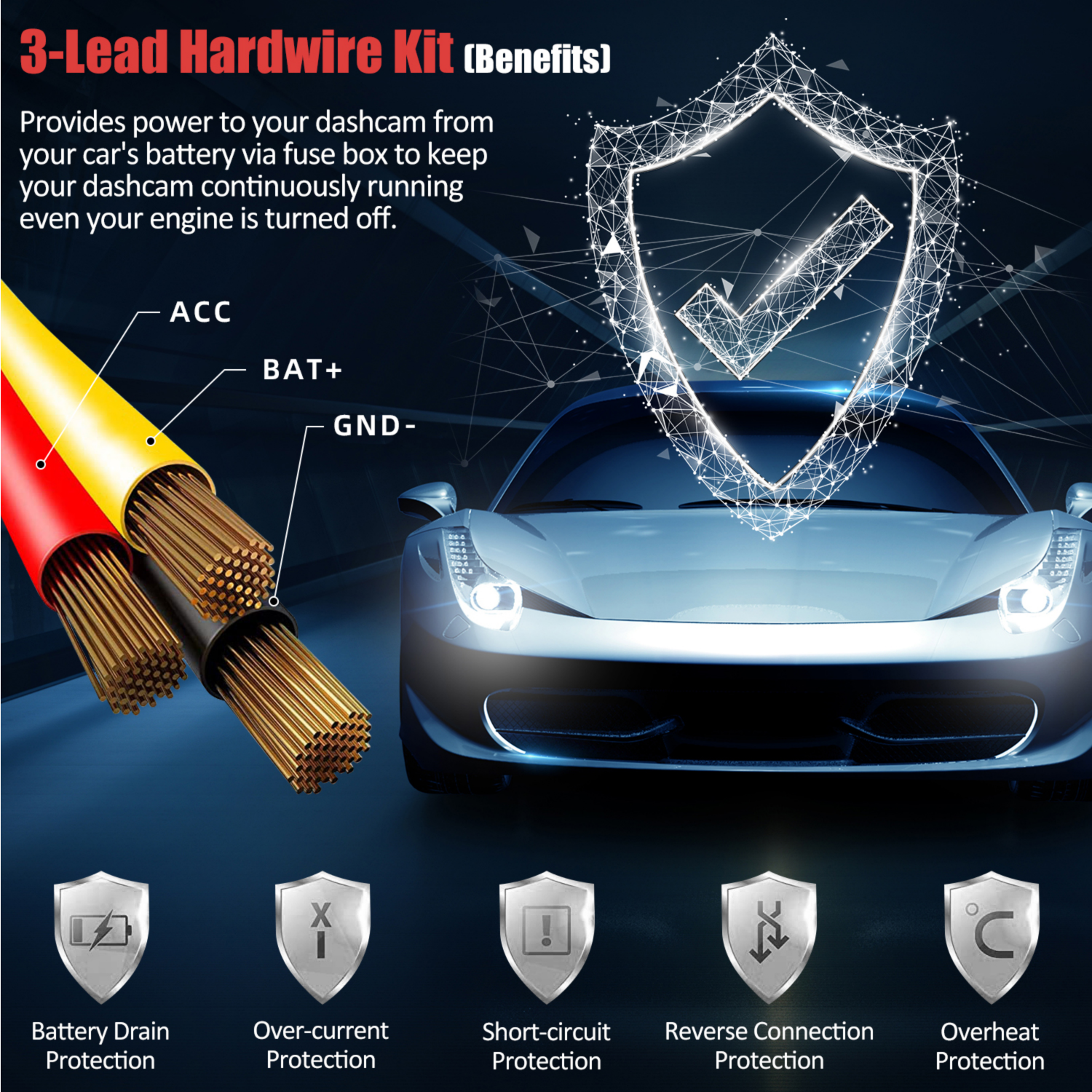 Miofive 11.5ft Micro USB Hardwire Kit for Miofive MF02 Dash Cam (HKW1)