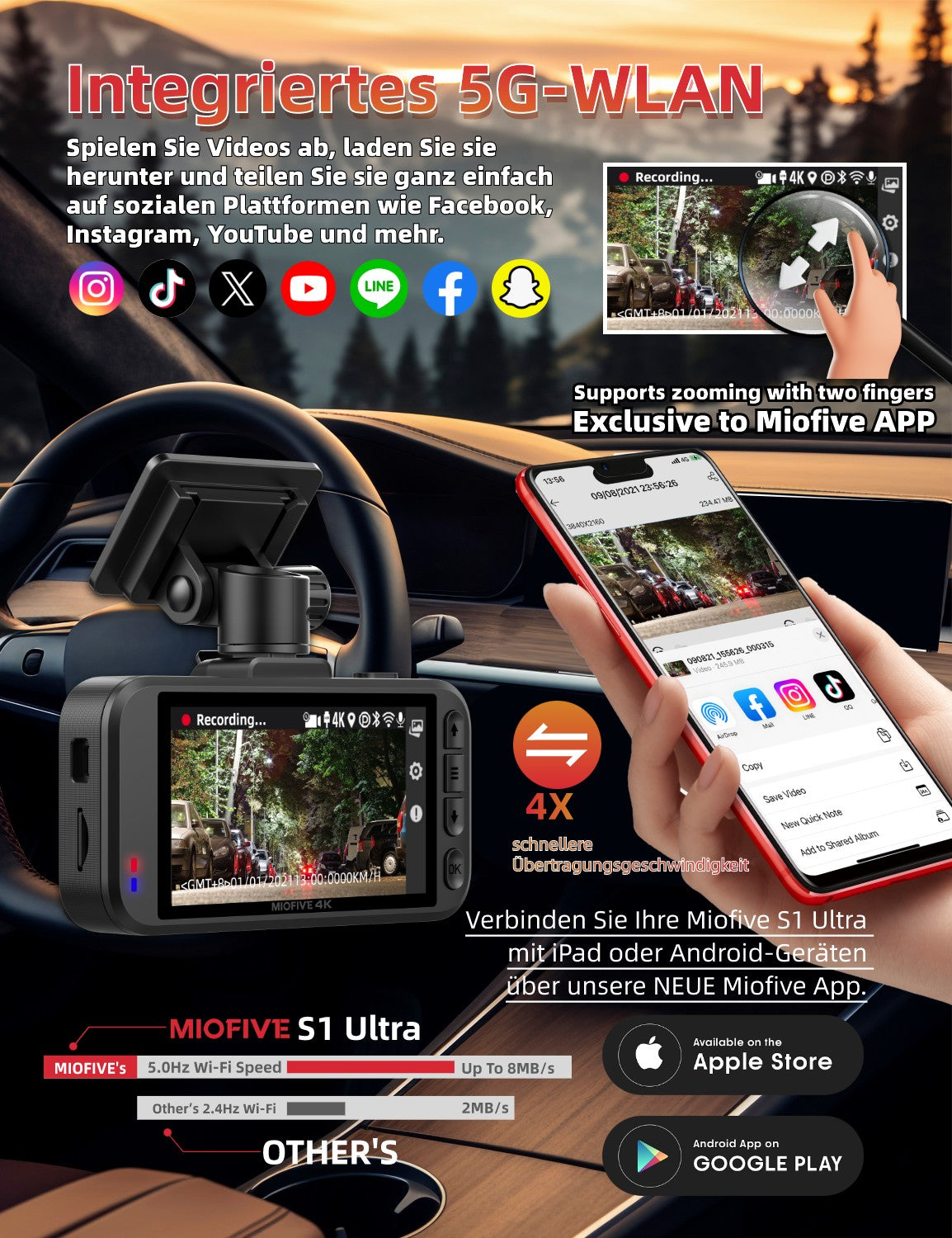 MIOFIVE S1 Ultra Dashcam 3 Zoll, 4K 30fps + 4K UHD Dual, integriertes 5GHz WLAN, Bluetooth, GPS, inkl. 64GB Speicherkarte