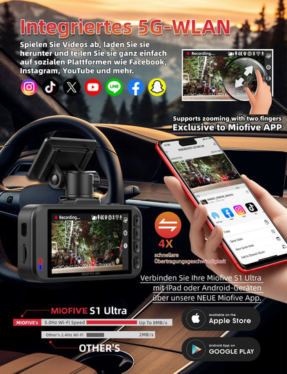 MIOFIVE S1 Ultra Dashcam 3 Zoll, 4K 30fps + 4K UHD Dual, integriertes 5GHz WLAN, Bluetooth, GPS, inkl. 64GB Speicherkarte
