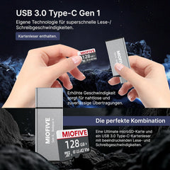 Miofive 128GB Speicherkarte - Ultimative Micro SD-Karte mit USB 3.0 Type-C Kartenleser, 170 MB/s, C10, U3, A2, V30 (DE)