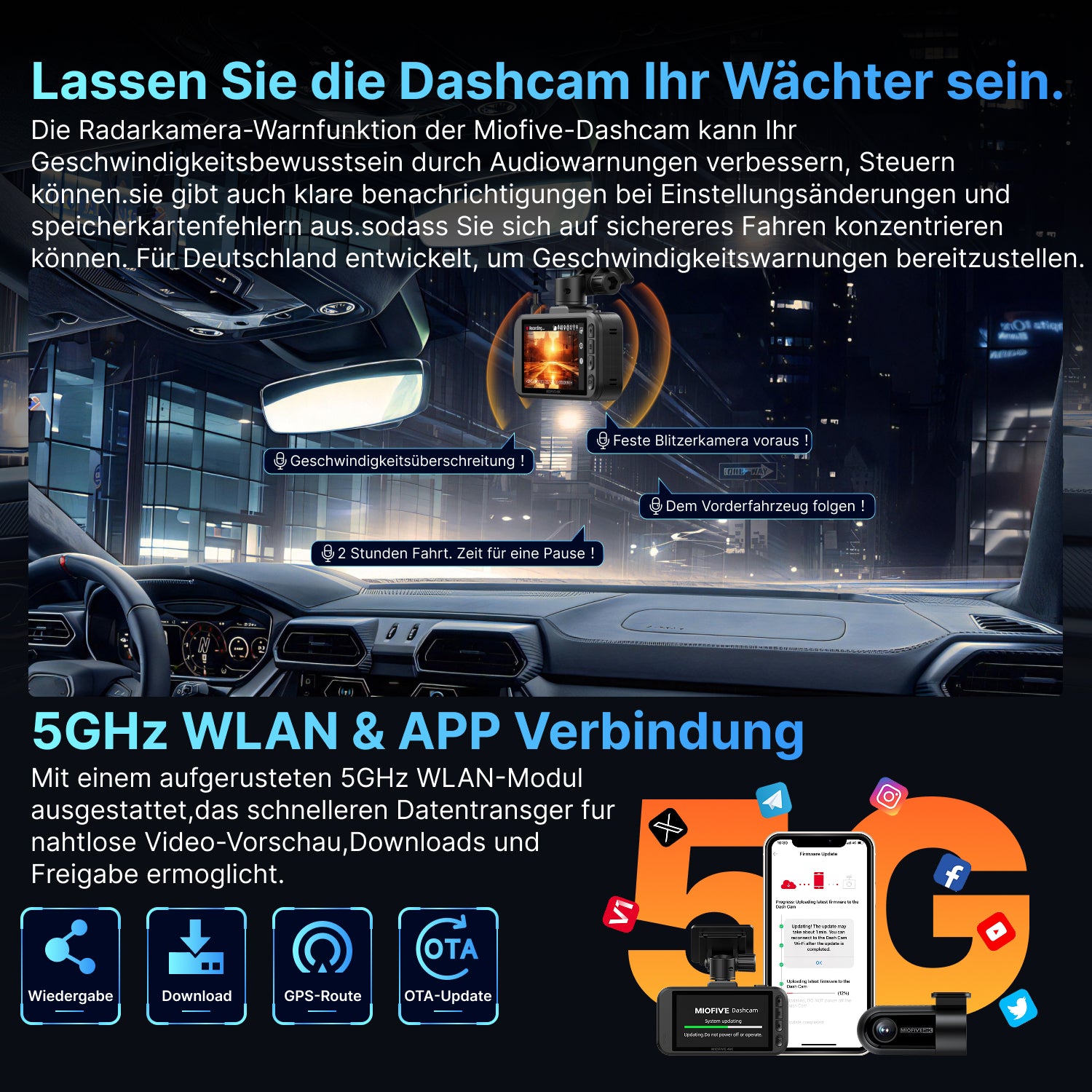 MIOFIVE S1 Pro Dashcam 3 Zoll, 4K 30fps + 2K Dual, integriertes 5GHz WLAN, Bluetooth, GPS, inkl. 32GB Speicherkarte