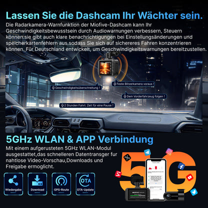 MIOFIVE S1 Pro Dashcam 3 Zoll, 4K 30fps + 2K Dual, integriertes 5GHz WLAN, Bluetooth, GPS, inkl. 32GB Speicherkarte