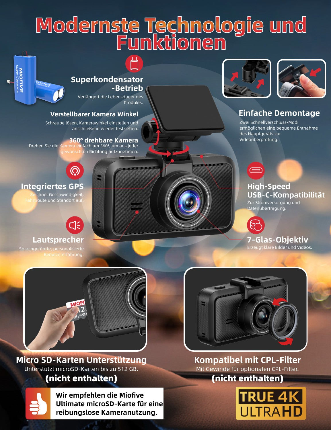 Miofive S1 Ultra 4K+4K Dashcam Auto Vorne Hinten, kostenlose 64-GB-Karte (DE)
