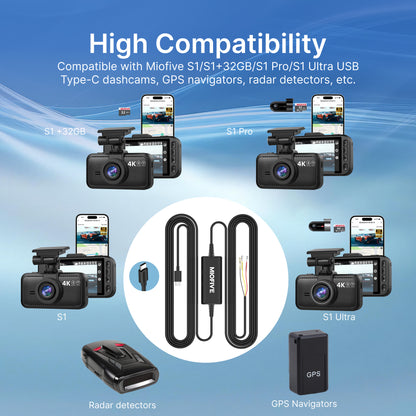 Miofive 11.5ft USB Type-C Hardwire Kit for S1 & Mini Series Dash Cams (HKW2)(UK)