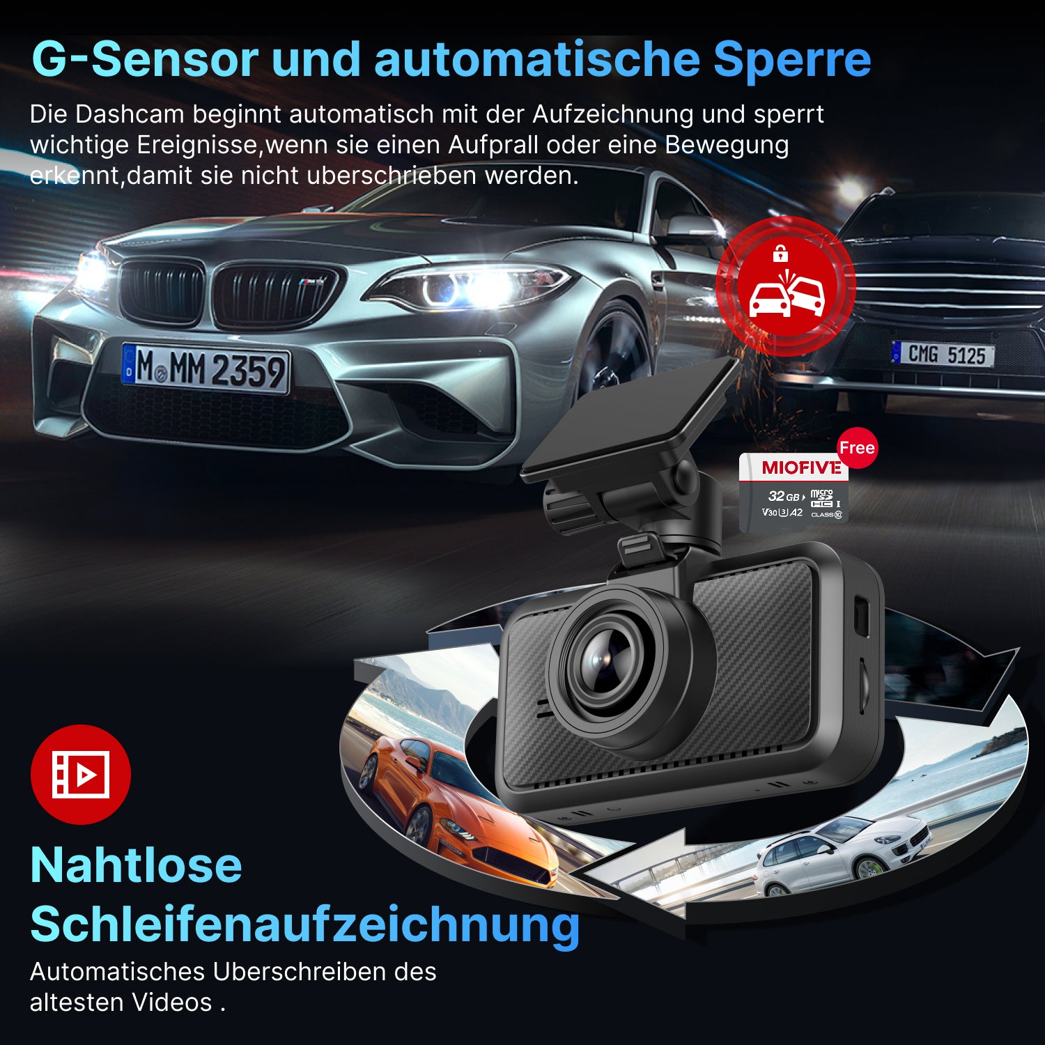 MIOFIVE S1 Pro Dashcam 3 Zoll, 4K 30fps + 2K Dual, integriertes 5GHz WLAN, Bluetooth, GPS, inkl. 32GB Speicherkarte