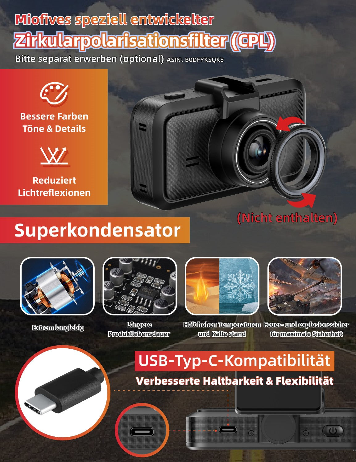 Miofive S1 Ultra 4K+4K Dashcam Auto Vorne Hinten, kostenlose 64-GB-Karte (DE)