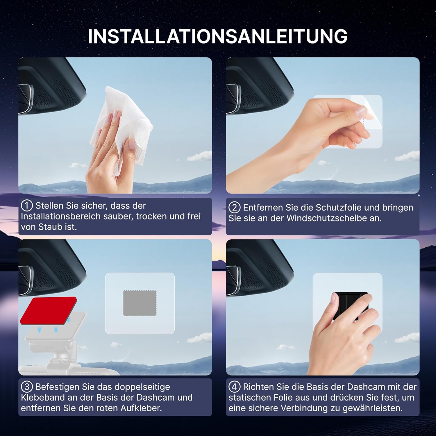 Miofive Auto-Windschutzscheibe Doppelseitiges Klebstoff für die S1-Serie | 2 x Dashcam-Halterungen | 3 x Klebstoff (Vorderseite) | 3 x Klebstoff (Rückseite) | 6 x statische Aufkleber (DE)