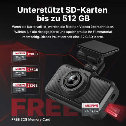 MIOFIVE S1 Dashcam 3 Zoll, 4K UHD 30fps, GPS, 5GHz WLAN, Bluetooth, inkl. 32GB Speicherkarte(DE)