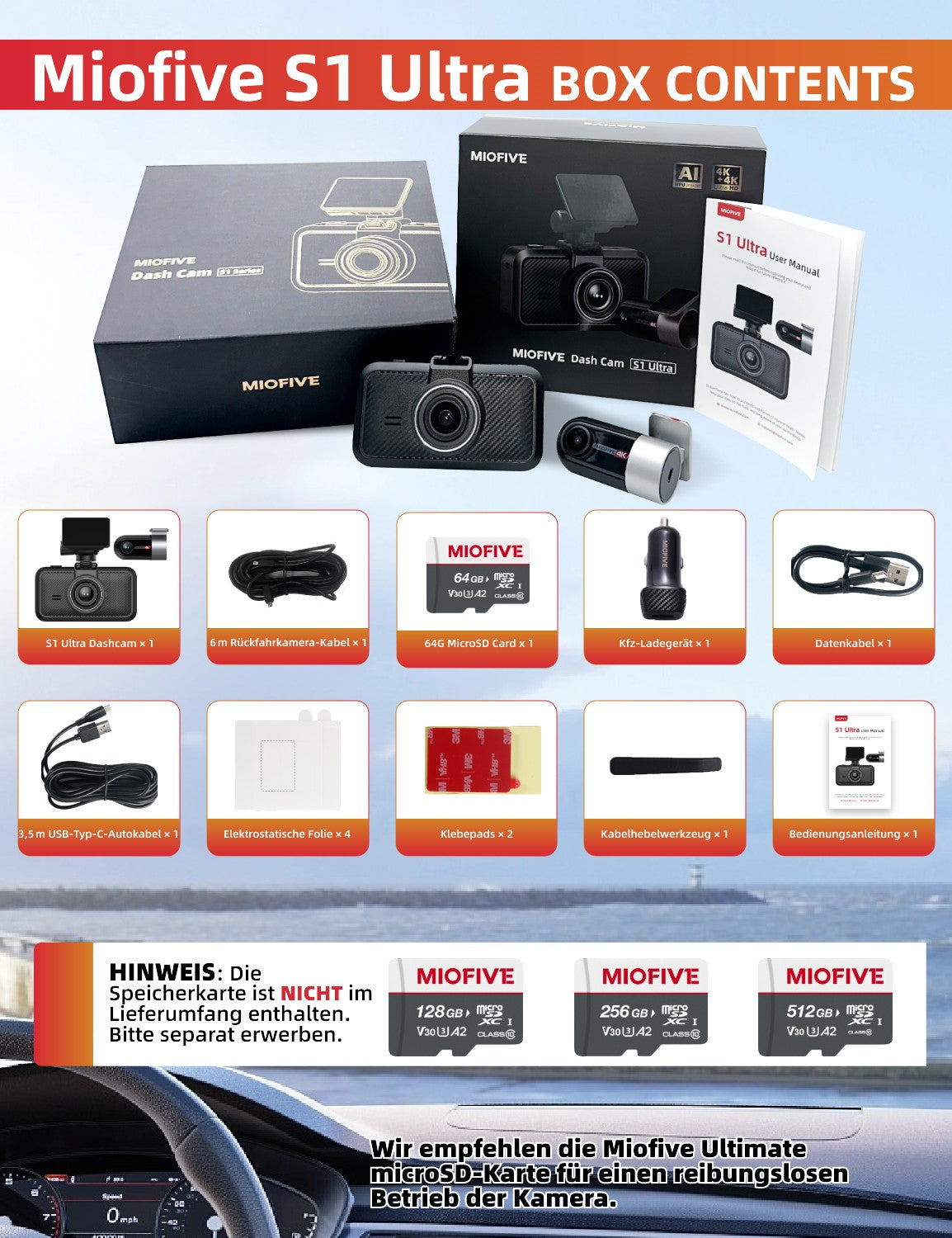 MIOFIVE S1 Ultra Dashcam 3 Zoll, 4K 30fps + 4K UHD Dual, integriertes 5GHz WLAN, Bluetooth, GPS, inkl. 64GB Speicherkarte