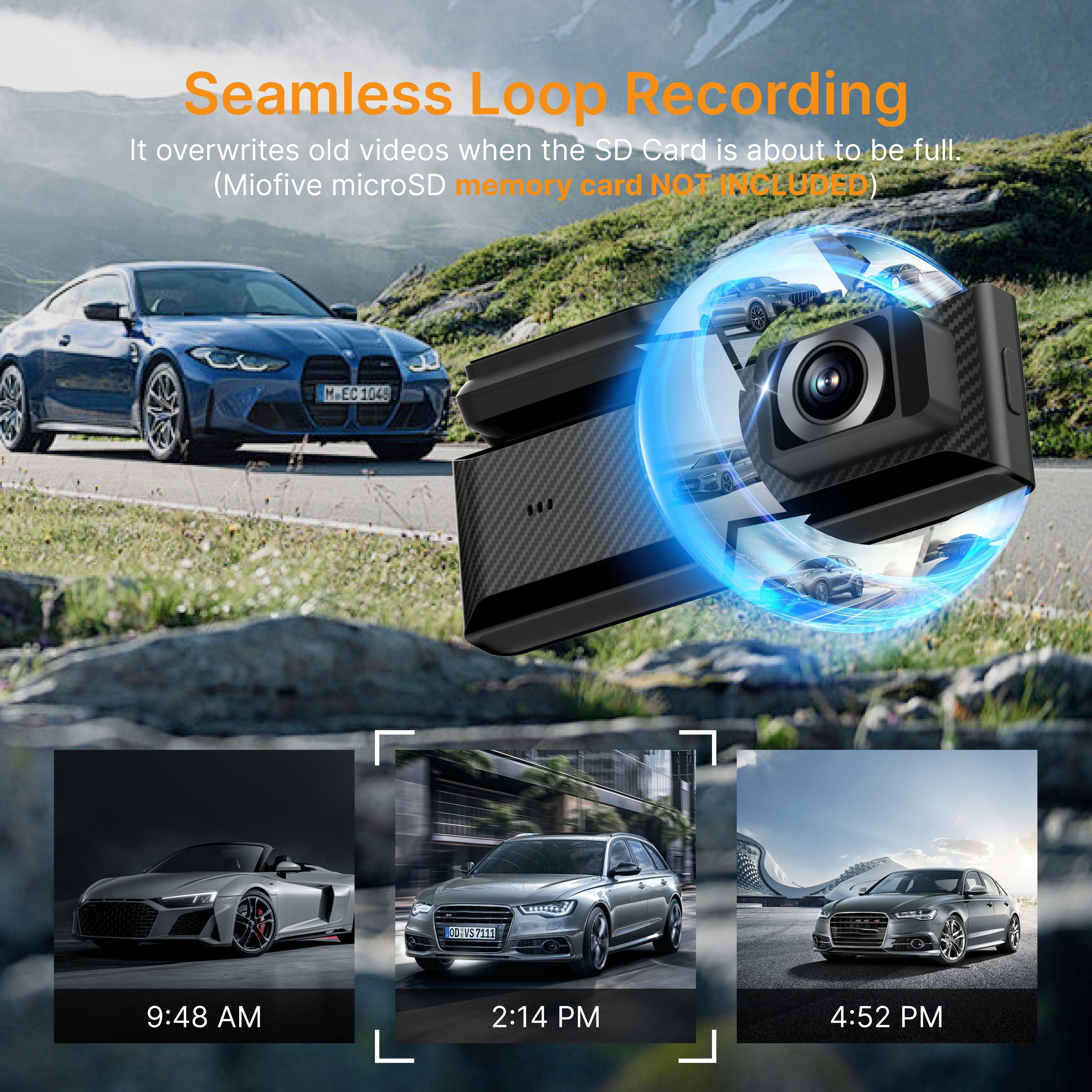 Miofive Dash Cam Mini 2 – 2K+1080P FHD Smart Car Camera with Built-in Wi-Fi & GPS (SD Card Not Included)