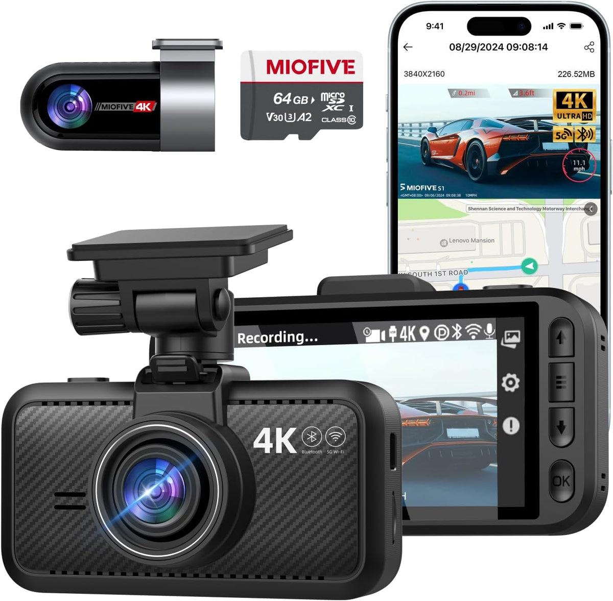 Miofive S1 Ultra 4K+4K Dashcam Auto Vorne Hinten, kostenlose 64-GB-Karte (DE)