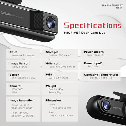 Miofive 4K+2K Dual Dash Cam with 5G WiFi, GPS, Built-in 128GB eMMC Storage(UK)