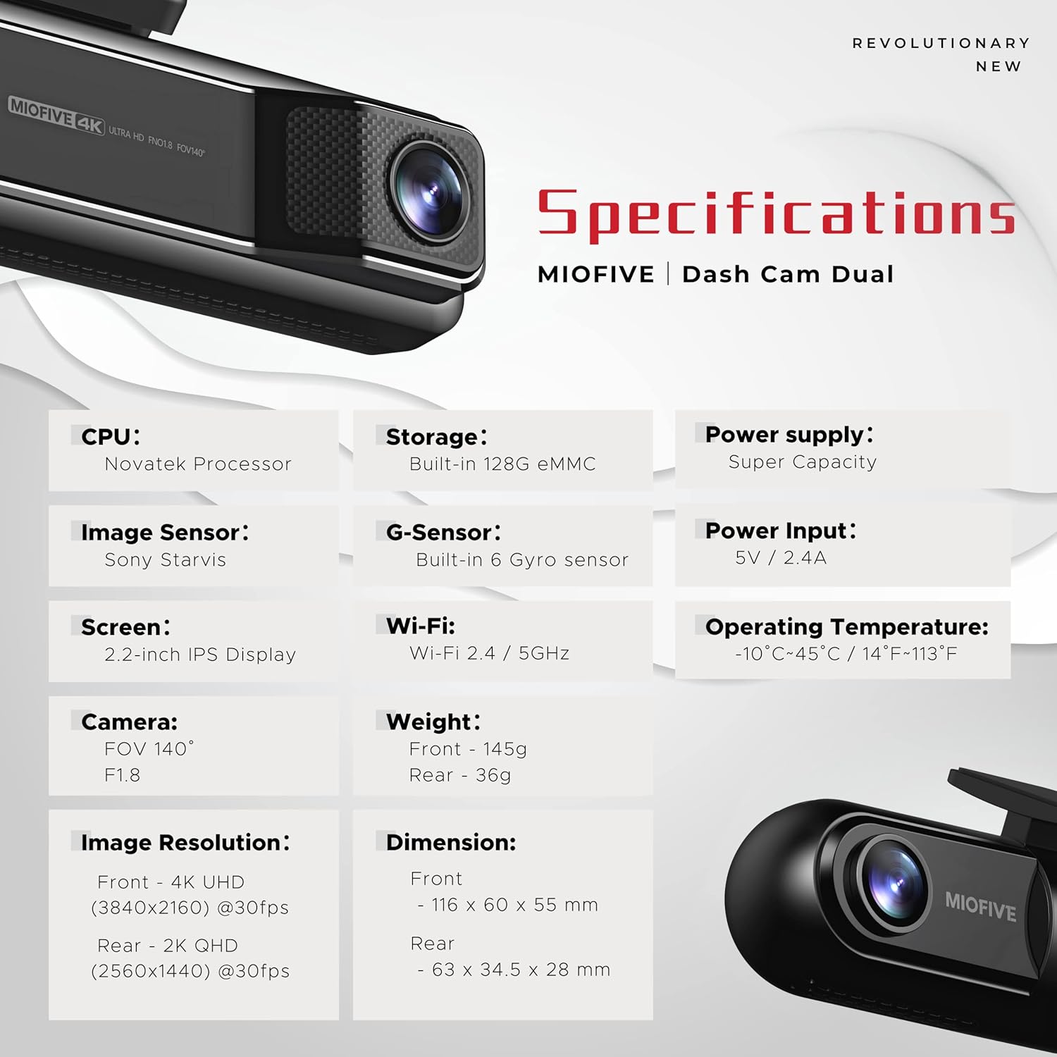 Miofive 4K+2K Dual Dash Cam with 5G WiFi, GPS, Built-in 128GB eMMC Storage