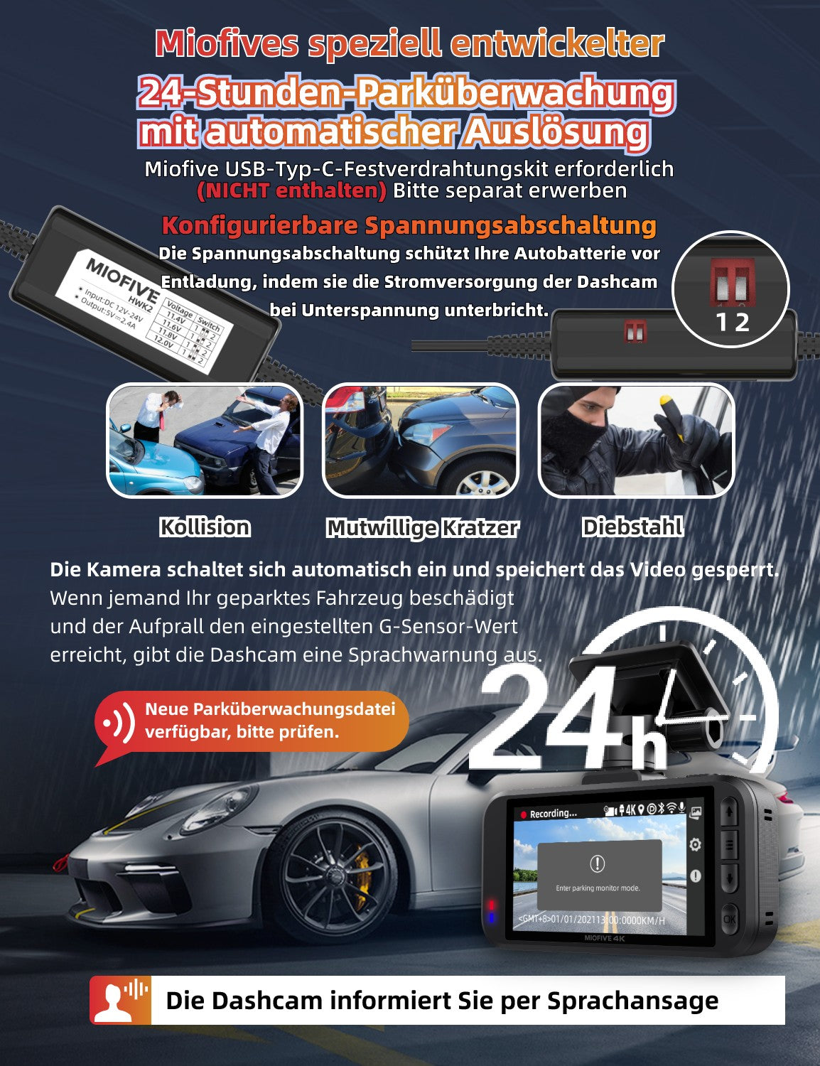 MIOFIVE S1 Ultra Dashcam 3 Zoll, 4K 30fps + 4K UHD Dual, integriertes 5GHz WLAN, Bluetooth, GPS, inkl. 64GB Speicherkarte