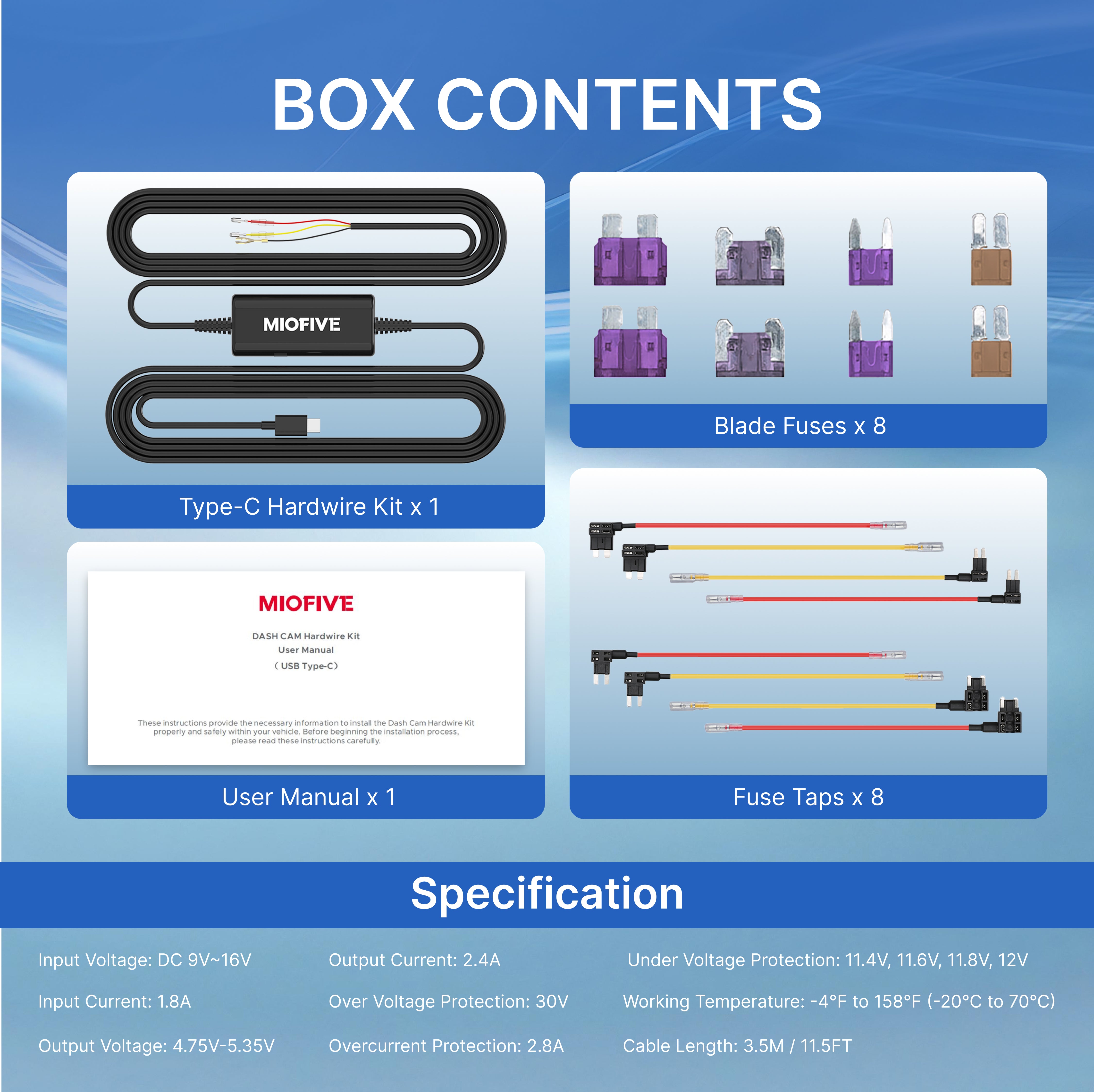 Miofive 11.5ft USB Type-C Hardwire Kit for S1 & Mini Series Dash Cams (HKW2)(UK)
