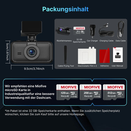 MIOFIVE S1 Pro Dashcam 3 Zoll, 4K 30fps + 2K Dual, integriertes 5GHz WLAN, Bluetooth, GPS, inkl. 32GB Speicherkarte