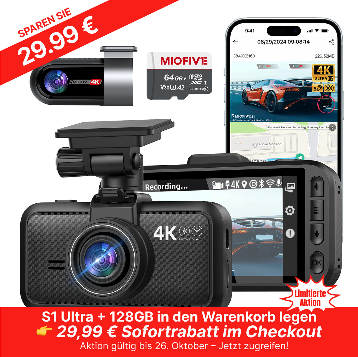 MIOFIVE S1 Ultra Dashcam 3 Zoll, 4K 30fps + 4K UHD Dual, integriertes 5GHz WLAN, Bluetooth, GPS, inkl. 64GB Speicherkarte
