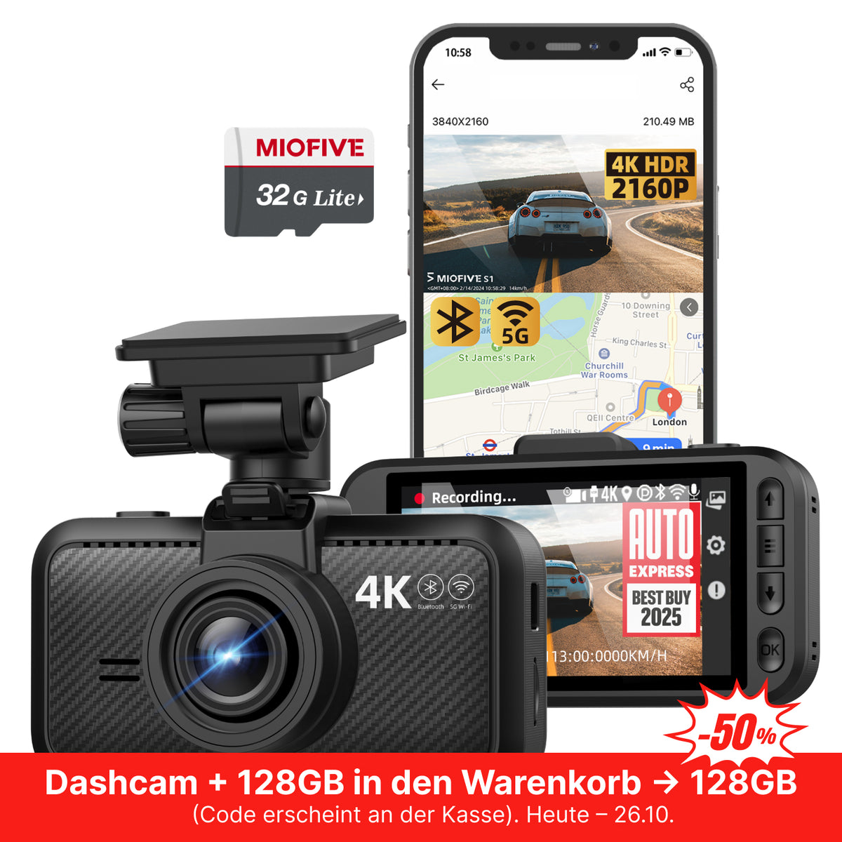 MIOFIVE S1 Dashcam 3 Zoll, 4K UHD 30fps, GPS, 5GHz WLAN, Bluetooth, inkl. 32GB Speicherkarte(DE)