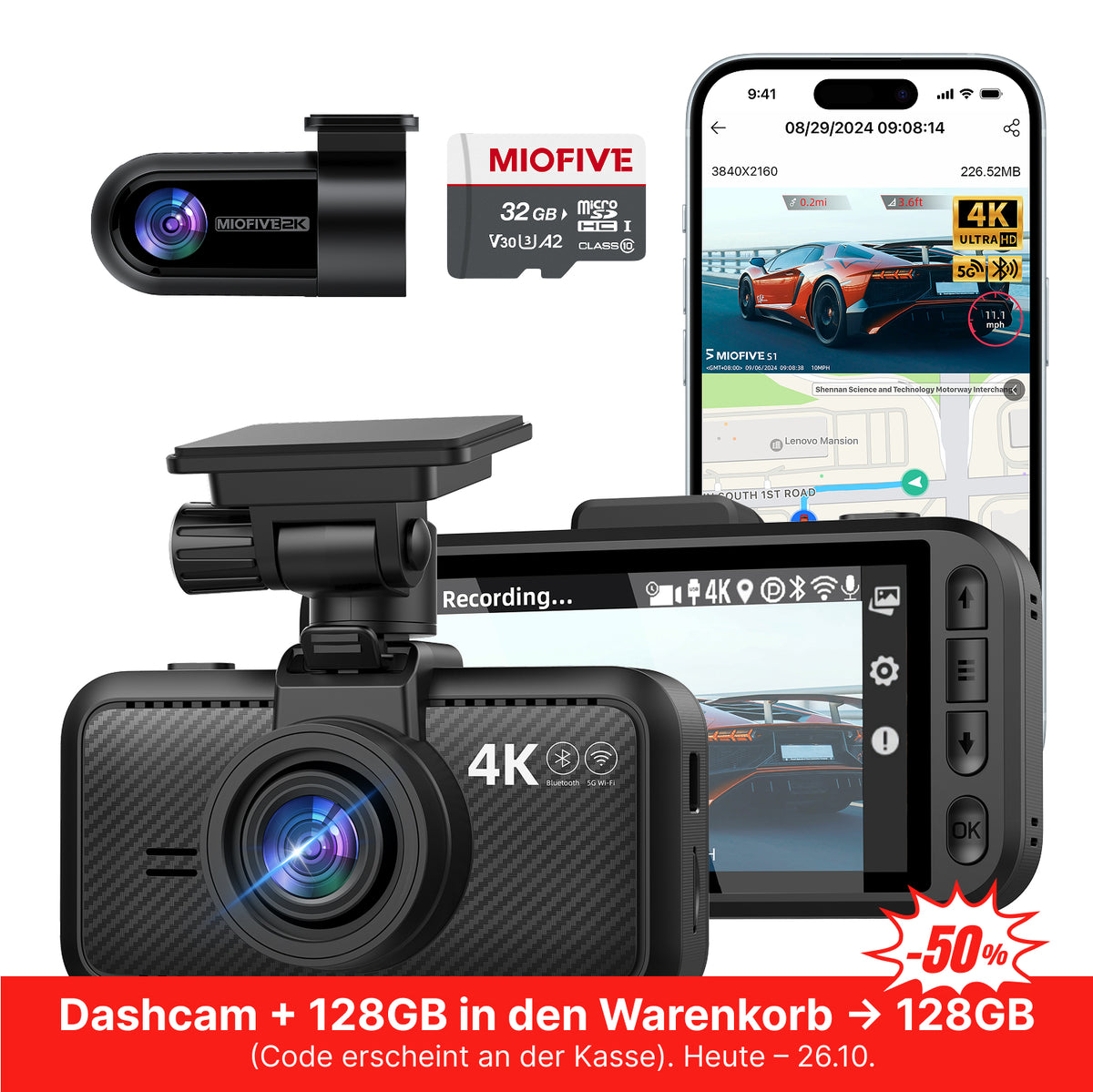 MIOFIVE S1 Pro Dashcam 3 Zoll, 4K 30fps + 2K Dual, integriertes 5GHz WLAN, Bluetooth, GPS, inkl. 32GB Speicherkarte