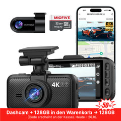 MIOFIVE S1 Pro Dashcam 3 Zoll, 4K 30fps + 2K Dual, integriertes 5GHz WLAN, Bluetooth, GPS, inkl. 32GB Speicherkarte