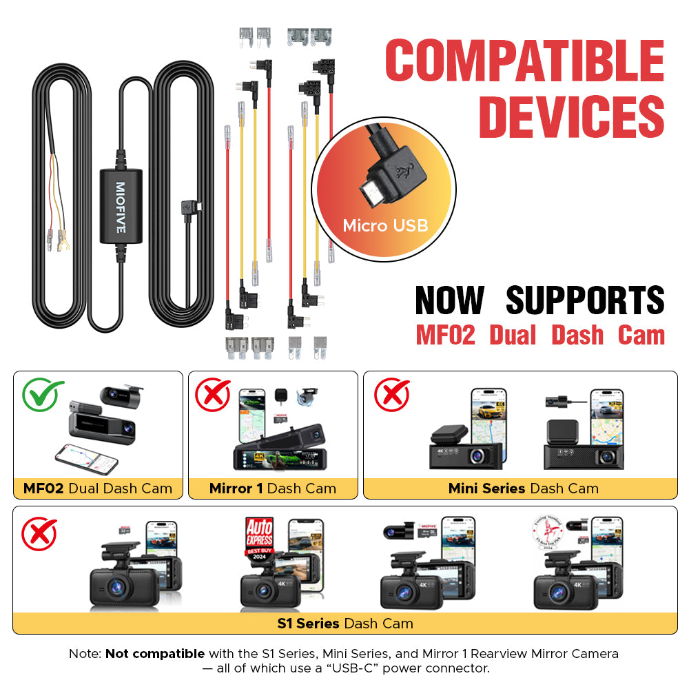 Miofive 11.5ft Micro USB Hardwire Kit for Miofive MF02 Dash Cam (HKW1)(UK)