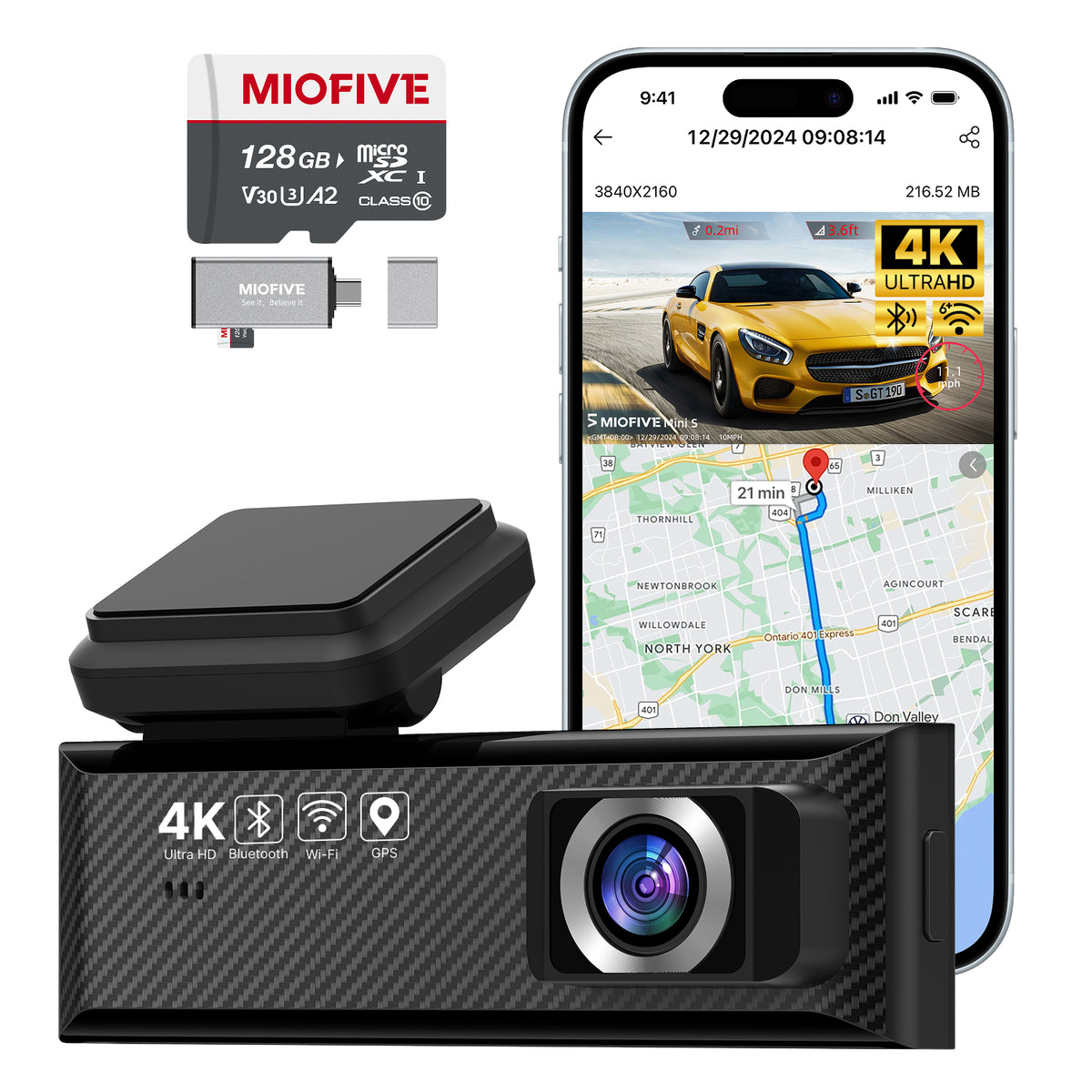 Miofive Mini S Dashcam + 128 GB Micro-SD-Karte im Paket