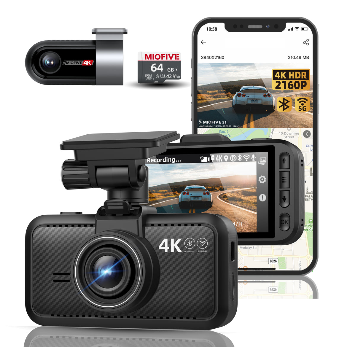 Miofive 4K Front Dash Camera, Built-in 64G eMMC Storage, Lithium Batte