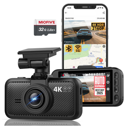 MIOFIVE S1 Dashcam 3 Zoll, 4K UHD 30fps, GPS, 5GHz WLAN, Bluetooth, inkl. 32GB Speicherkarte(DE)