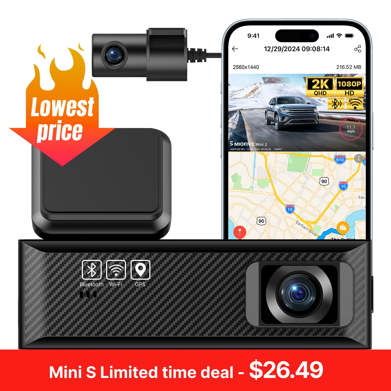 MIOFIVE Dash Cam Mini 2 2K+1080P FHD Dual  Dash Camera(SD Card Not Included)